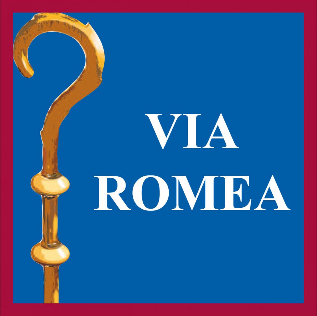 Wandermarkierung Via Romea auf blauen Hintergrund mit Hirtenstab