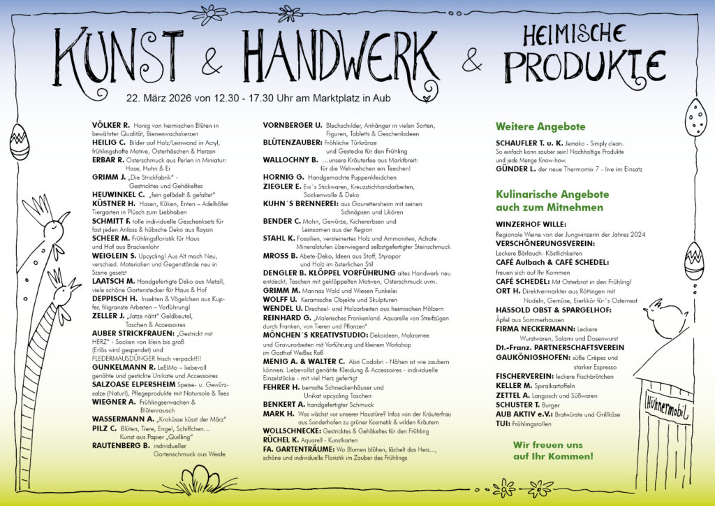 Flyer Auber Frühlingsmarkt Innenseite mit Übersicht Kunsthandwerker und Essensangebot