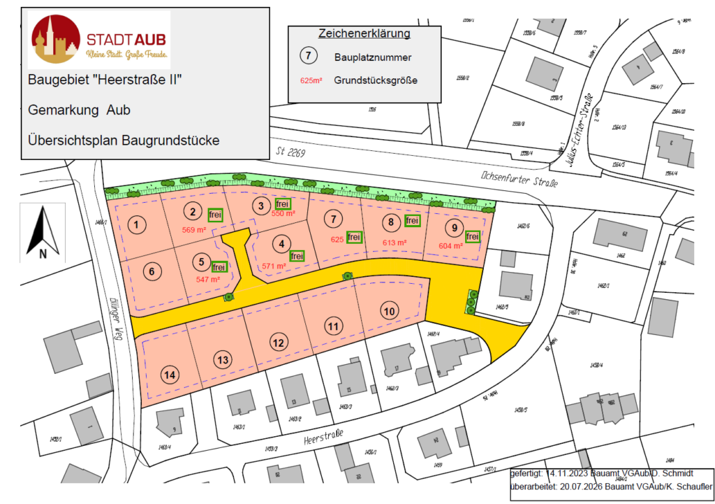 Lageplan des Baugebietes Heerstraße II. Bauplätze 2, 3, 4, 5, 7, 8 und 9 sind noch frei
