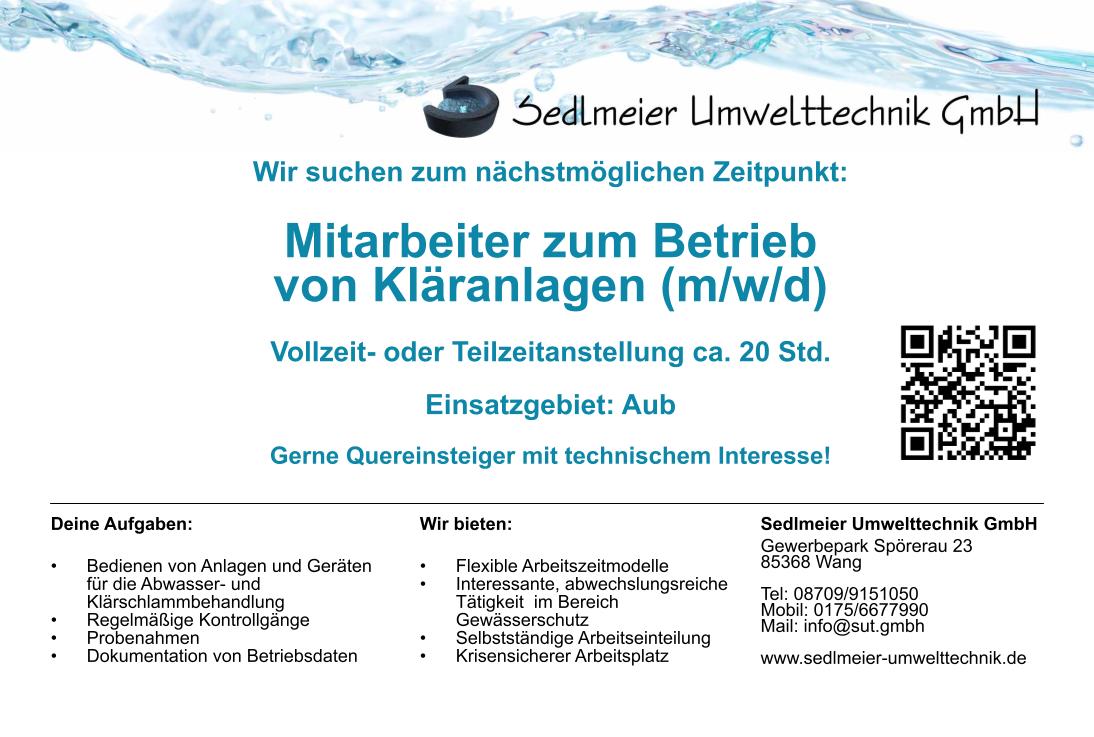 Stellenausschreibung für Mitarbeiter im Kläranlagenbetrieb Aub